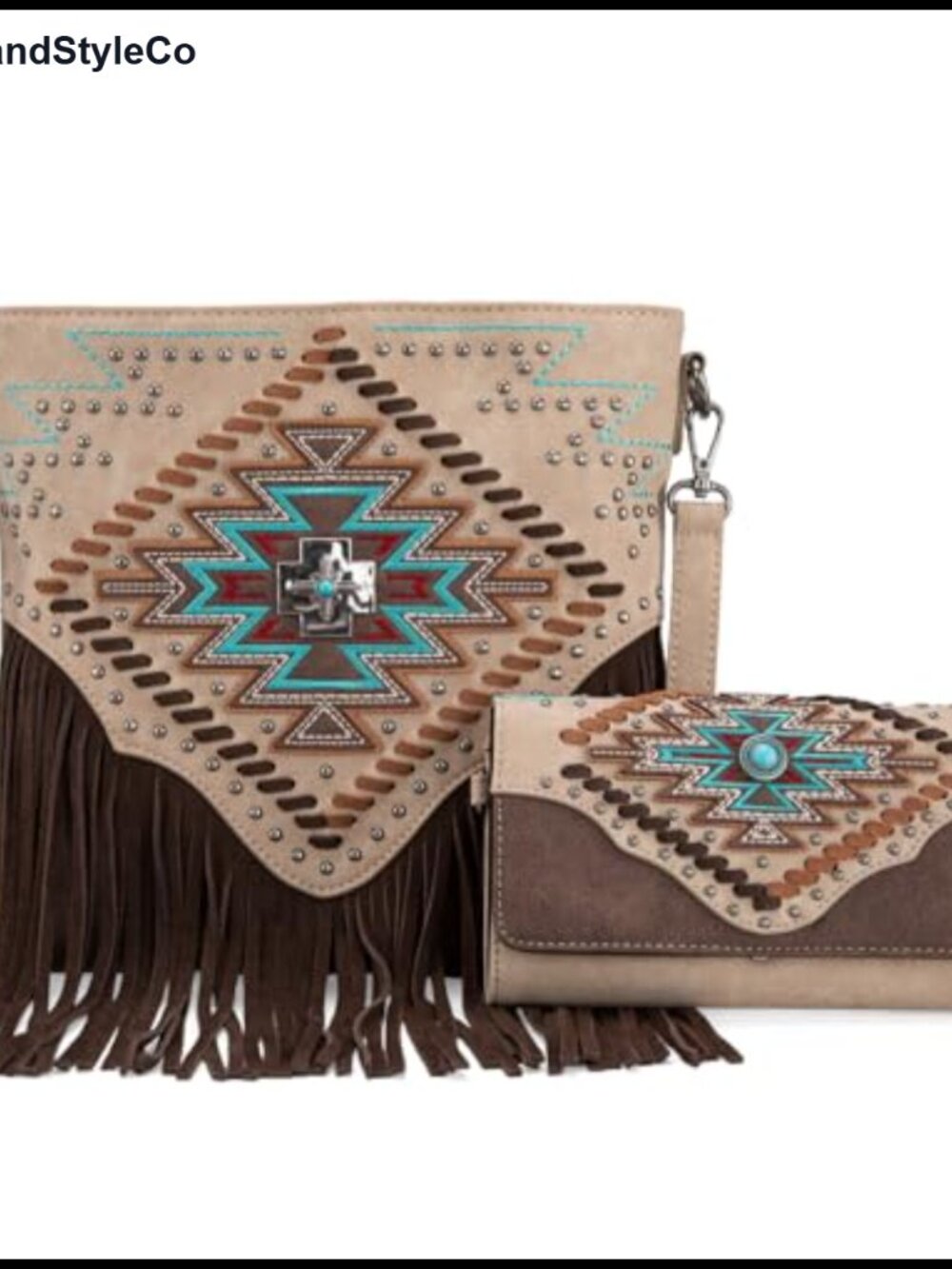 Faux Leather Aztec Fringe Crossbody Bag with Wallet Set